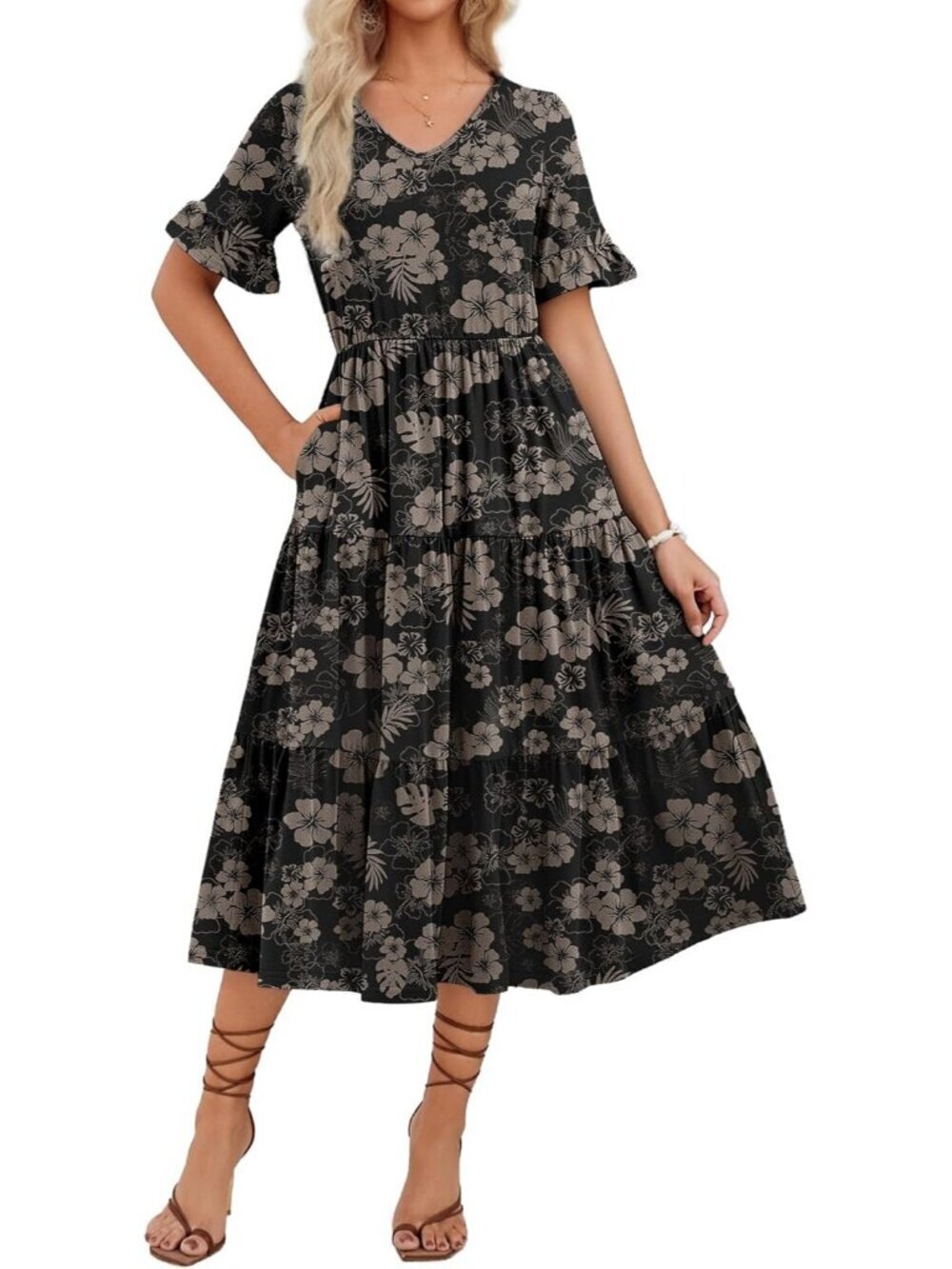 Zeagoo Women's Pink Black Floral Tiered Casual Neck Ruffle Short Midi Maxi Dress